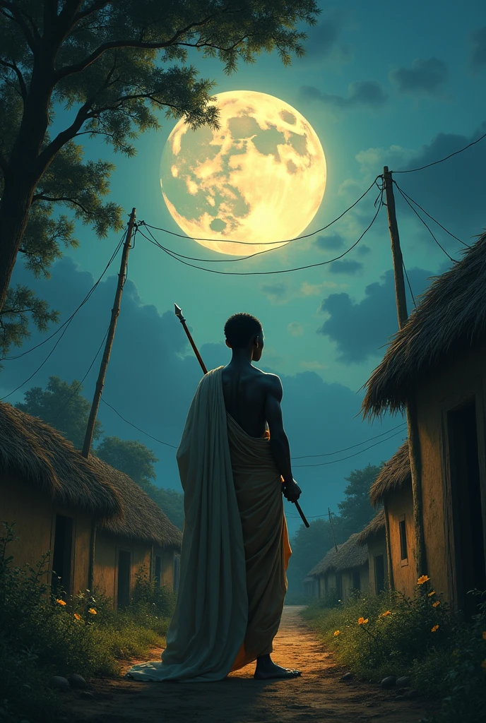 A traditional African painting of Exu standing at a rural crossroads under the moonlight. He wears traditional red and black cloth, holding an ogó (staff). The scene is sacred, not dark or evil, with African spiritual symbols around. Style: Afro-Brazilian realism, respectful, spiritual.