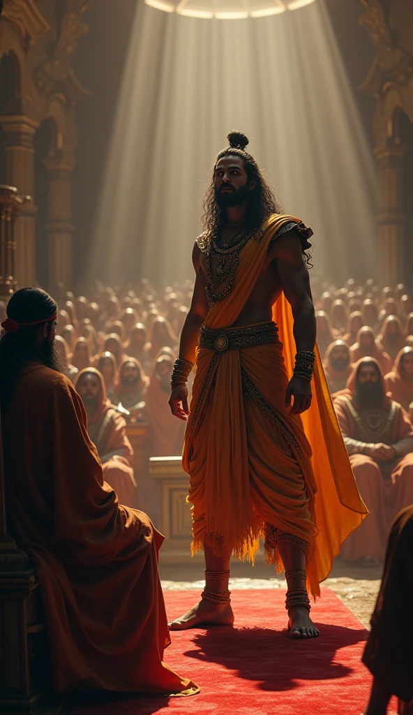 Generate a high quality interior of an indian palace with big windows without mirror and curtain closing, the indian palace king having bodybuilder physic and long hairs scolding and ordering his servents with anger standing in front of him taking order the king is pointing finger toward his servents
