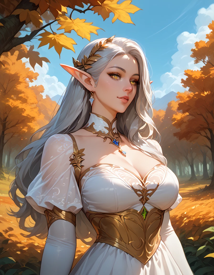 (SFW:1.5). Generate an image of a female half-elf cleric named Liralyn. She stands at 5'4”with a slender yet curvaceous build, with long, wavy golden hair that reaches her mid-back and piercing emerald green eyes. She has delicate elven features, including high cheekbones, small pointed ears, huge breasts, and a small, button nose. She wears a suit of leather armor, with a white tabard emblazoned with the holy symbol of Selûne, the goddess of the moon. Beneath her armor, she wears a simple white undershirt and tan leggings. She carries a wooden quarterstaff adorned with silver inlay and a small pouch containing healing potions and spiritual tokens. Her expression is serious, yet compassionate, reflecting her commitment to her religious duties and her dedication to helping others. No bra . sultry look, seductive,
