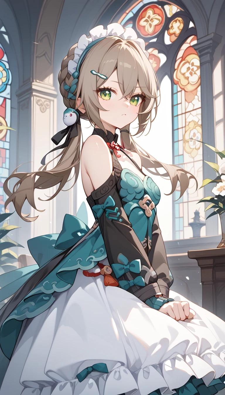 small breasts, brown hair, green eyes, braid, low twintails, hair ornament, hairpin, qingque,　Alone,  eyebrow visible from inside hair ,  hair between eyes　 top quality, very aesthetic, bare shoulders　gothic lolita　detachable sleeve　 Headdress　Frills　ribbon　palace　 stained glass