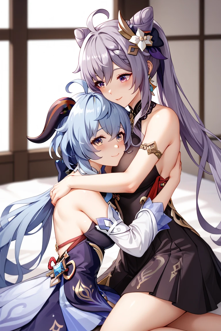   Create an illustration of two girls in a hug . The first girl has neko ears, вдохновленные персонажем Keqing из Genshin Impact( Lora1 ). The second girl has two horns , вдохновленная персонажем Ganyu из Genshin Impact(LoRa2 ).  Both girls have anatomically correct bodies , each has two two hands and five five fingers on each.  The illustration should depict in a hug, emphasizing their affection and connection.  The overall style should resemble anime or manga ,  with bold lines and bright colors .  The background should be simple and unobtrusive ,  letting girls be the focus of the illustration .