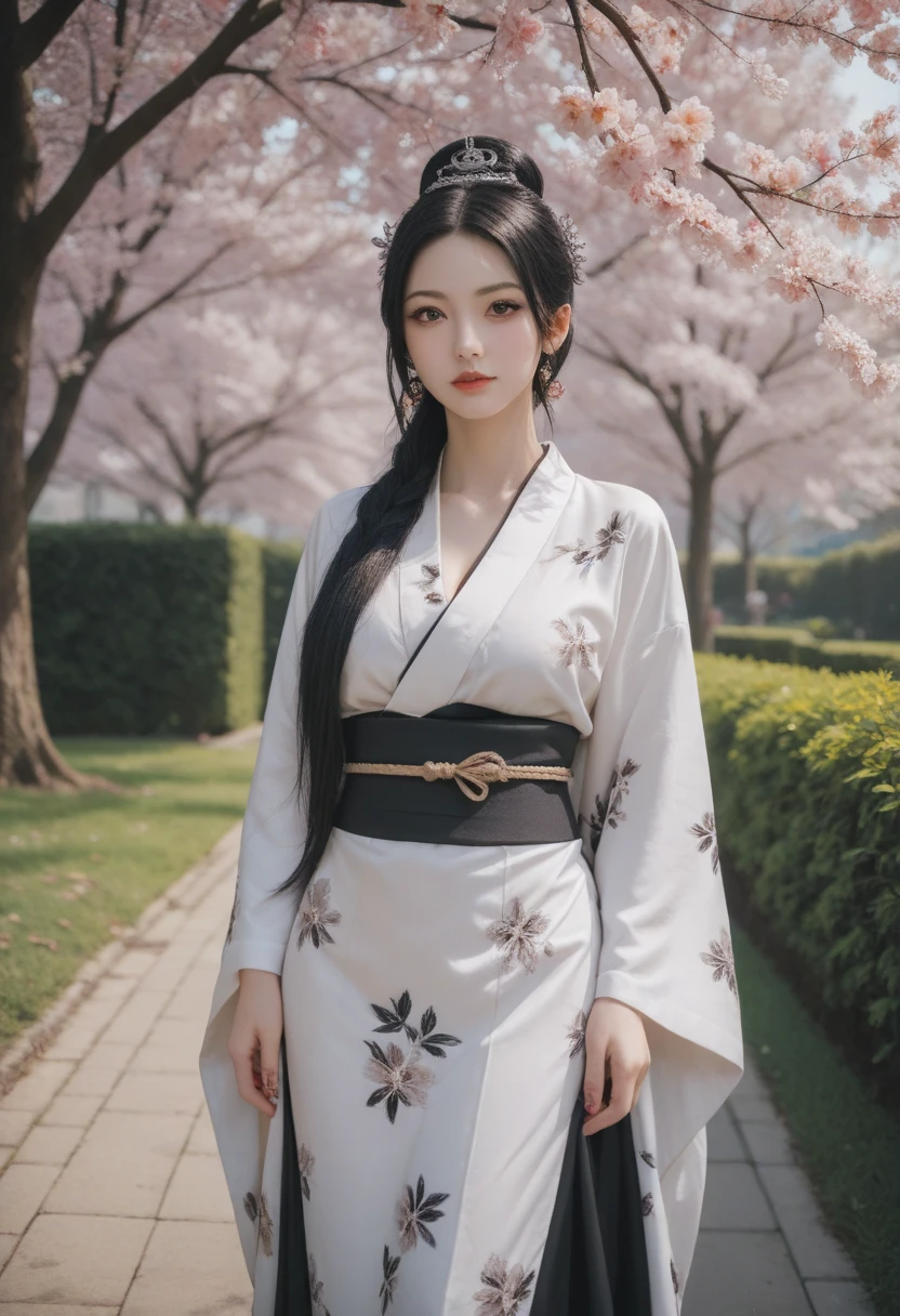 Goddess of unimaginable beauty and majesty wearing a highly revealing and alluring goth kimono, Goddess of Death Izanami summer palace garden sakura trees