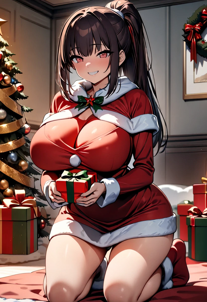 aruurara,anime,brown hair,half-closed eyes,tareme, dark skin, solo, curvy figure, (big breasts), voluptuous, (lips), dark pink lips, white nails,lying on bed,spreading legs,vaginal penis,having sex,cleavage,santa costume, gyaru,thong,short skirt, fur, thighhighs, thick thighs,detailed outfit, long hair, wavy hair,at bedroom,peace sign,pregnant,,excessive cum,bukkake,gentle smile,wnt skin