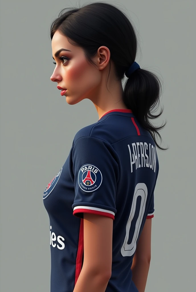 1 filles cheveux noirs longs, kamado nezuko dans une stade de football avec le maillot de Paris saint Germain
