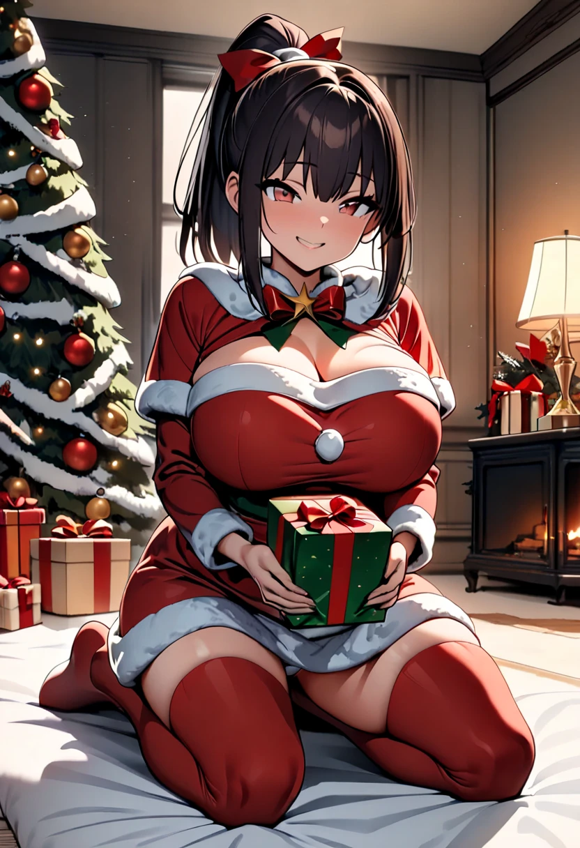 (  Masterpiece ,   top quality:1.2), (((One anime girl))) , (((Alone))),   Expressive Eyes ,  sexy, Santa girl costume, (((Dark-haired ponytail ))). ((( straight hair))), (smile), (((Reddish brown eyes))), ((( holding a present with both hands))), Christmas decorations, (Big Breasts), 嬉しそうなsmile,  Living Room , kneeling, show white panties