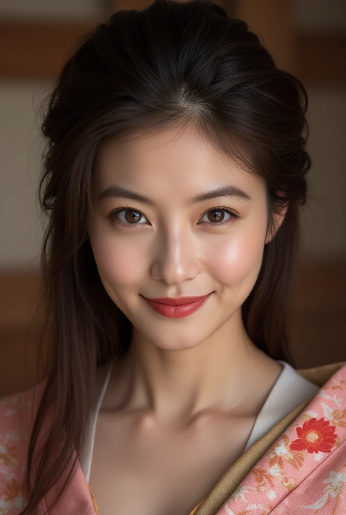 Mature Woman, ( detailed description of hair ), (Detailed description of the face), (Detailed description of the body), high definition , masterpiece,  top quality,  high detail, formal: 1.4), ( realistic : 1.2, 超 realistic な: 1.1,  realistic: 1.37), ( Sharp Focus : 1.4),  is written by,  physical based rendering,  wavy hair , ,  unrivaled beauty , (Ultimate beauty), (lipstick:1.1), ( eyeliner :1.2), ( mascara), ( Eye Shadow ), (48 years old,: 1.4), Japanese、 close-up 、 fine lines of laughter :1.2、seductive smile,( kimono:1.5),beautiful background