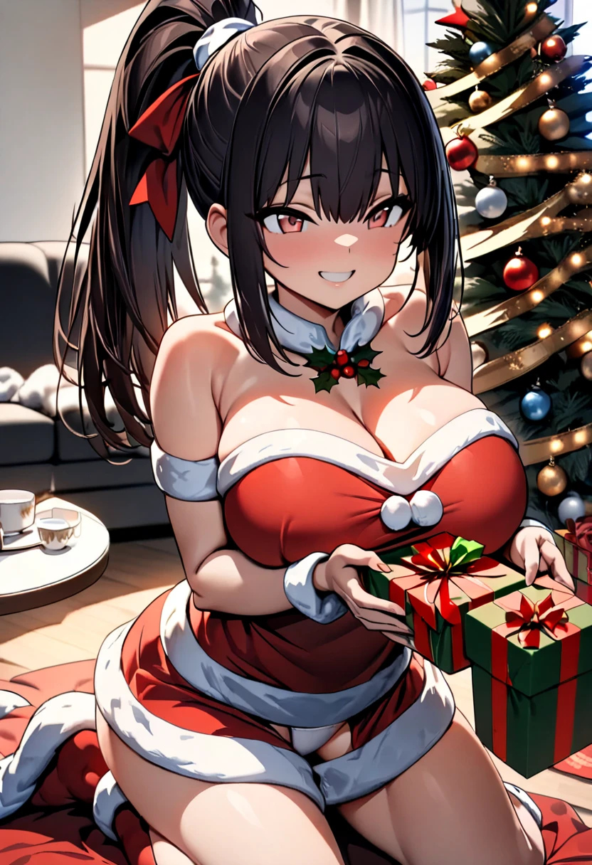 (  Masterpiece ,   top quality:1.2), (((One anime girl))) , (((Alone))),   Expressive Eyes ,  sexy, Santa girl costume, (((Dark-haired ponytail ))). ((( straight hair))), (smile), (((Reddish brown eyes))), ((( holding a present with both hands))), Christmas decorations, (Big Breasts), 嬉しそうなsmile,  Living Room , kneeling, show white panties