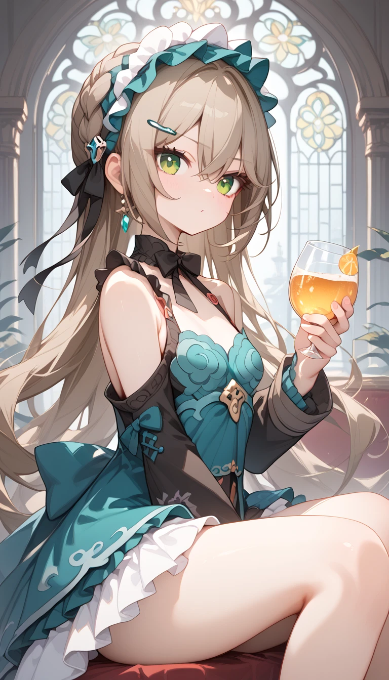 small breasts, brown hair, green eyes, braid,  long hair on background, hairpin, qingque,　Alone,  eyebrow visible from inside hair ,  hair between eyes　 top quality, very aesthetic, bare shoulders　gothic lolita　detachable sleeve　 Headdress　Frills　ribbon　palace　 stained glass