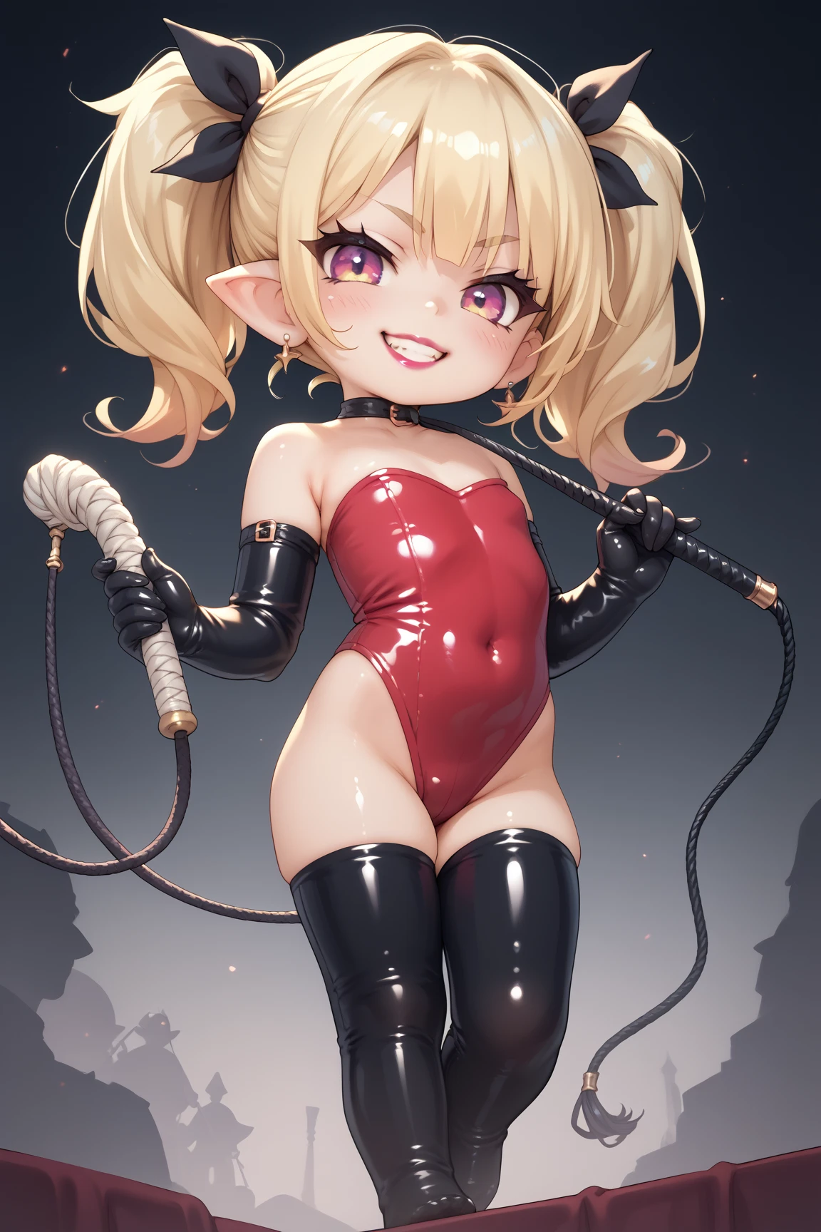 shortstack, strapless latex leotard, blonde hair. twintails, latex thigh-highs, latex elbow gloves, dominatrix, holding whip, lipstick, evil smile, goblin