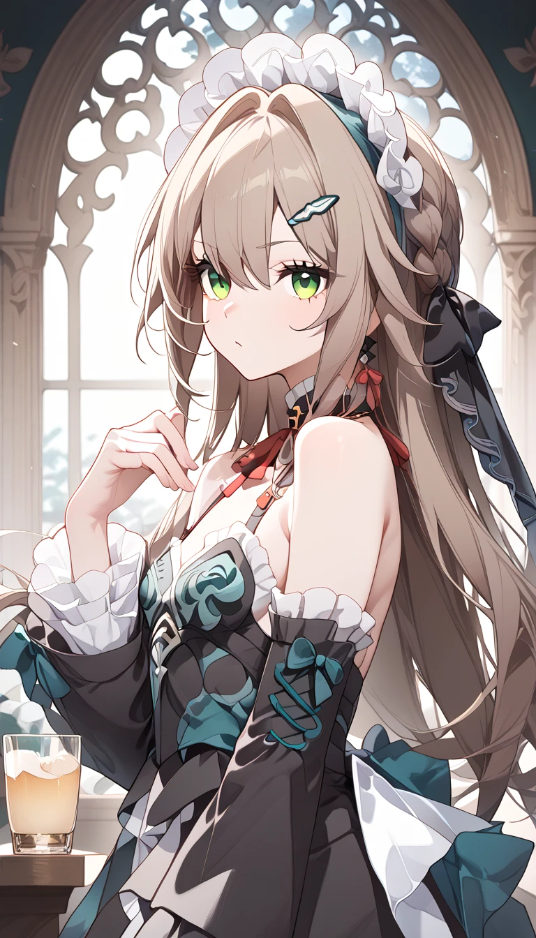 small breasts, brown hair, green eyes, braid,  long hair on background, hairpin, qingque,　Alone,  eyebrow visible from inside hair ,  hair between eyes　 top quality, very aesthetic, bare shoulders　gothic lolita　detachable sleeve　 Headdress　Frills　ribbon　palace　 stained glass