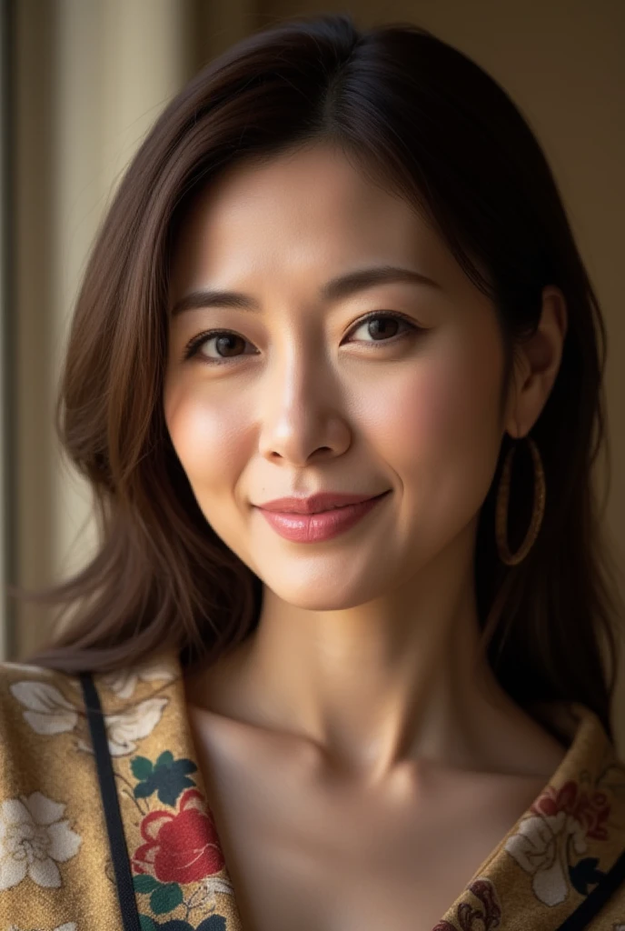 Mature Woman, ( detailed description of hair ), (Detailed description of the face), (Detailed description of the body), high definition , masterpiece,  top quality,  high detail, formal: 1.4), ( realistic : 1.2, 超 realistic な: 1.1,  realistic: 1.37), ( Sharp Focus : 1.4),  is written by,  physical based rendering,  wavy hair , ,  unrivaled beauty , (Ultimate beauty), (lipstick:1.1), ( eyeliner :1.2), ( mascara), ( Eye Shadow ), (48 years old,: 1.4), Japanese、 close-up 、 fine lines of laughter :1.2、seductive smile,( kimono:1.5),beautiful background