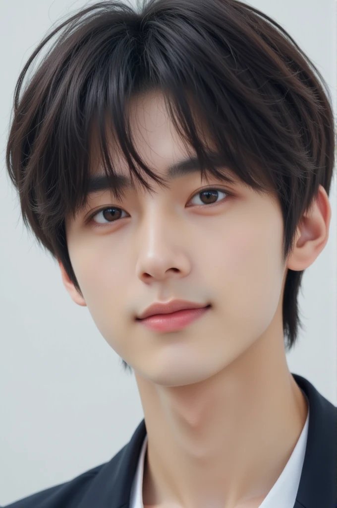  handsome mix korean japanese eleven year old boy, short black hair, dark brown black eyes, gentle smile, sharp eyebrows, round face, cool, detailed eyes and face, small nose