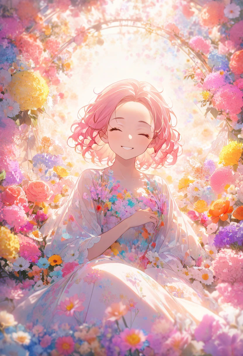 8k, high definition ,(( super detailed face)), Describe a scene where a beautiful female character is sleeping on a bed made of lots of flowers,  pink hair, short bob, wavy hair ,She is 20 years old ,Wore a beautiful dress,.  surround her with colorful flowers .((( big smile))).((Forehead)),Pastel Theme,kind, soft focus , soft lighting 