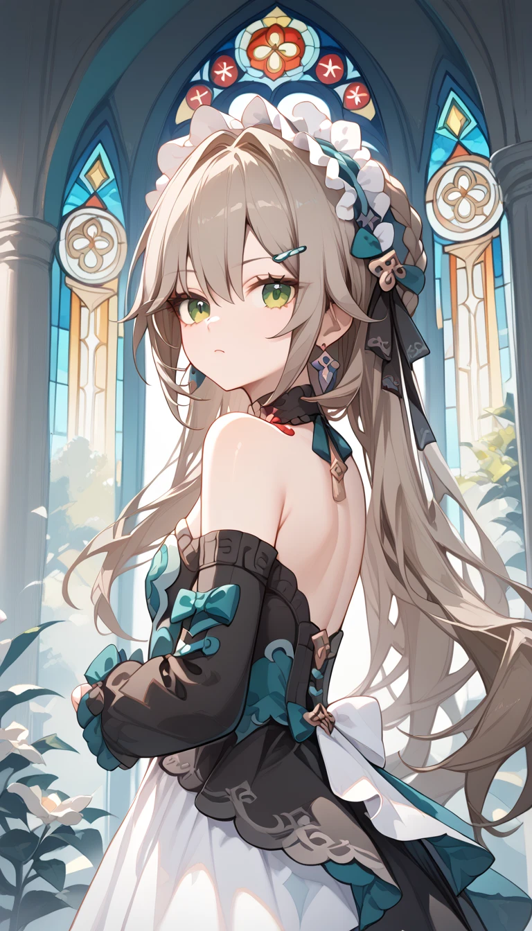 small breasts, brown hair, green eyes, braid,  long hair on background, hairpin, qingque,　Alone,  eyebrow visible from inside hair ,  hair between eyes　 top quality, very aesthetic, bare shoulders　gothic lolita　detachable sleeve　 Headdress　Frills　ribbon　Earrings　palace　 stained glass