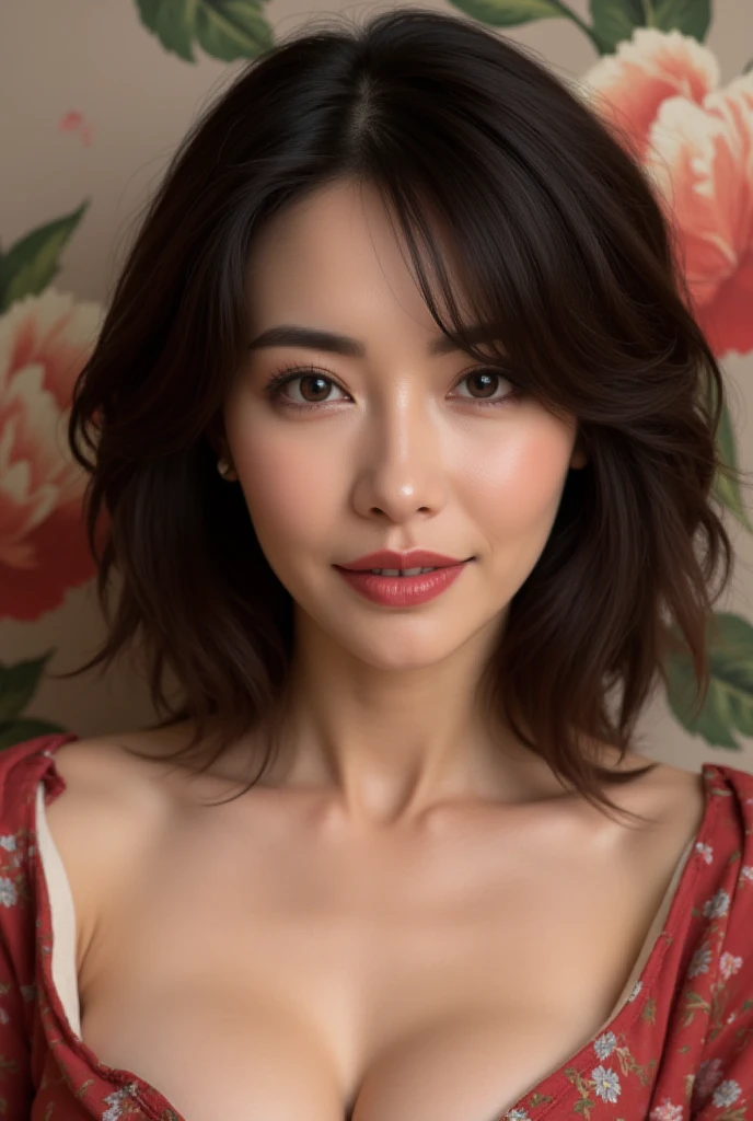 Mature Woman, ( detailed description of hair ), (Detailed description of the face), (Detailed description of the body), high definition , masterpiece,  top quality,  high detail, formal: 1.4), ( realistic : 1.2, 超 realistic な: 1.1,  realistic: 1.37), ( Sharp Focus : 1.4),  is written by,  physical based rendering,  wavy hair , ,  unrivaled beauty , (Ultimate beauty), (lipstick:1.1), ( eyeliner :1.2), ( mascara), ( Eye Shadow ), (48 years old,: 1.4), Japanese、 close-up 、 fine lines of laughter :1.2、seductive smile,( kimono:1.5),beautiful background