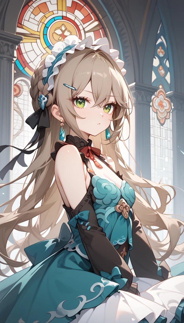 small breasts, brown hair, green eyes, braid,  long hair on background, hairpin, qingque,　Alone,  eyebrow visible from inside hair ,  hair between eyes　 top quality, very aesthetic, bare shoulders　gothic lolita　detachable sleeve　 Headdress　Frills　ribbon　Earrings　palace　 stained glass