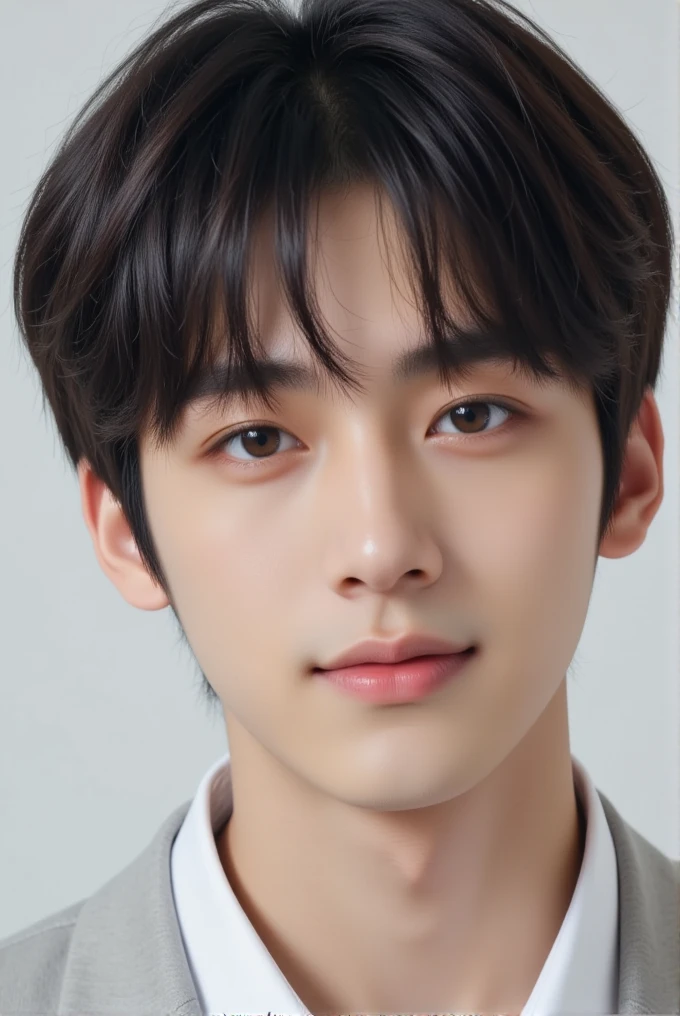  handsome mix korean japanese eleven year old boy, short black hair, black detailed eyes, gentle smile, sharp eyebrows, round face, cool, detailed face, small nose