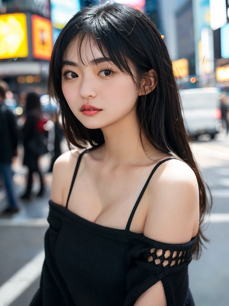 (all real RAW photo of perfectly reproduced in every detail of 27yo japanese girl, Leaning forward, realistic, photo-realistic, night, Times Square, cityscape, city lights, short neck, short stature, narrow shoulders, Tempting sensuality, bushy eyebrows, crisp eyebrows, long eyelashes, sparkling eyes, gleam eyes, Thick lips, Small lips, straight hair with bangs, flipped hair, so that every single hair is clearly visible, huge breasts, cleavage, bursting breasts, Virgin-Killing Sweater, Sleeveless, Open-back design, Turtleneck collar, Knitted fabric, light black wool, Bodycon fit, lifelike skin texture, fine vellus hair, micro skin relief, macro skin detail, uneven skin tone, bare skin, pores, perfectly reproduced of looks like a real human, photo quality, 35mm film, telephoto lens, bokeh, RAW file image, 1/2000 second, ISO100, mastering the rule of thirds, creating leading lines for depth, capturing candid moments, using a shallow depth of field, Incorporating reflections creatively, playing with shadows and light, shooting with a wide aperture, utilizing the golden ratio in composition, chiaroscuro),