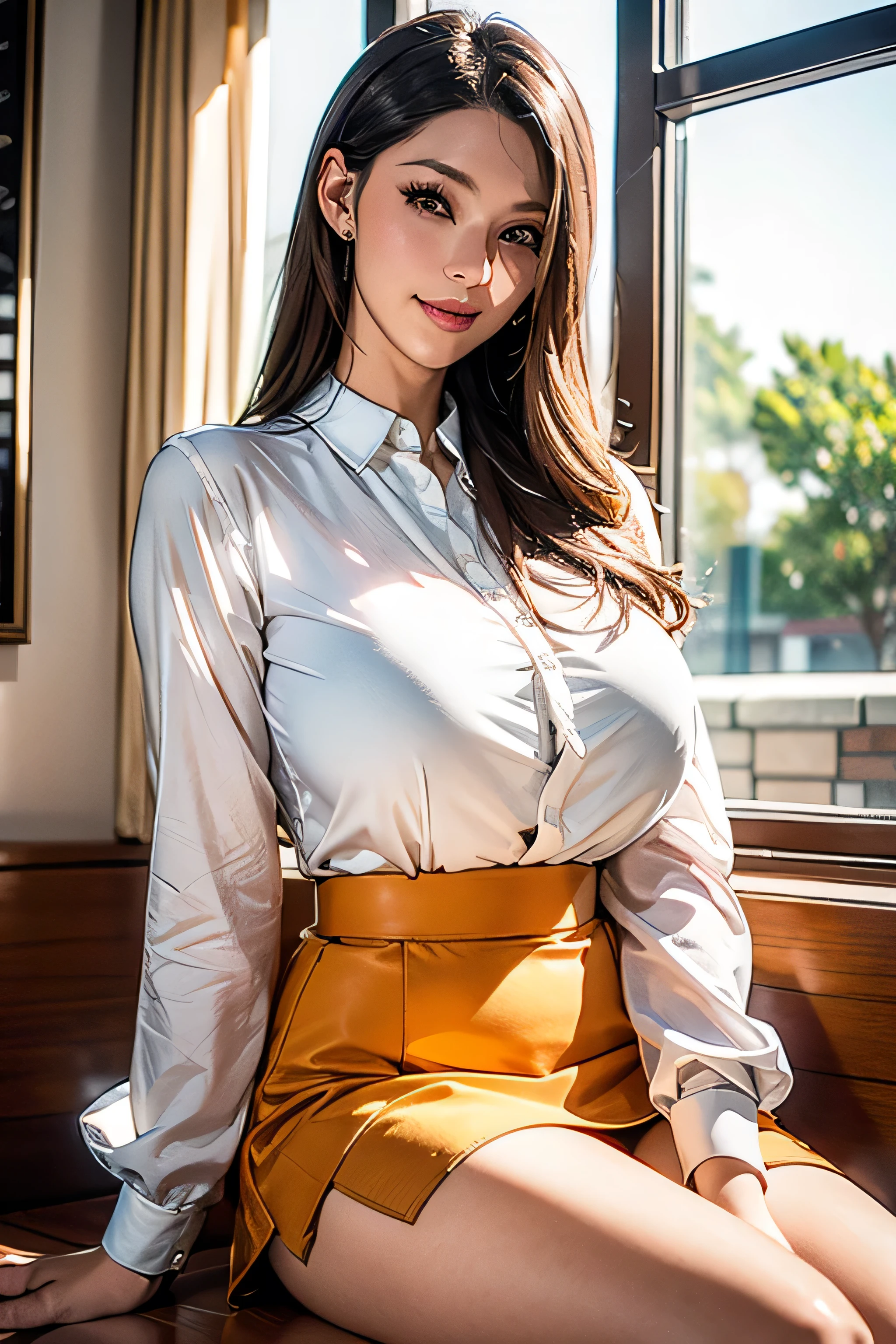 (8k,Photorealistic, masutepiece, Best Quality, Raw photo:1.3)、1woman in, 25years old,Solo,beautiful woman, Long hair, Brown hair, Detailed beautiful face, alluring face, (Detailed beautiful brown eyes:1.2), sagging breasts,(loose suit, sheer Skirt :1.35), ( Perfect body skinny beauty: 1.4),( sexy Pose:1.3), (Looking at Viewer, front view,eyes focus:1.2), Detailed background, (sunset:1.2), classroom,fine detailed, intricate detailes,  Ray tracing, depth of fields, seductive smile,classroom,(open mouth:0.9),(self,up skert lift:1.8),