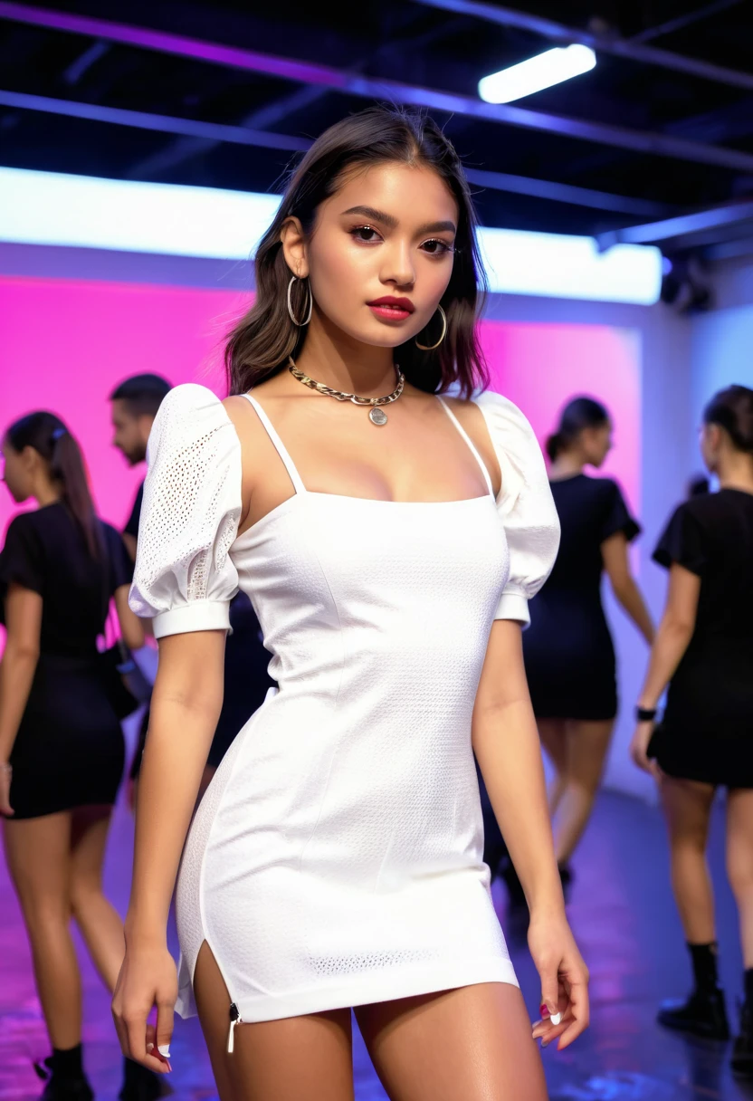 A beautiful latina girl wearing krótkie czarne poszarpane włosy (tight skórzany biały mini dress), (shooting sleeve) , cloth walking down the runaway at a fashion neon show