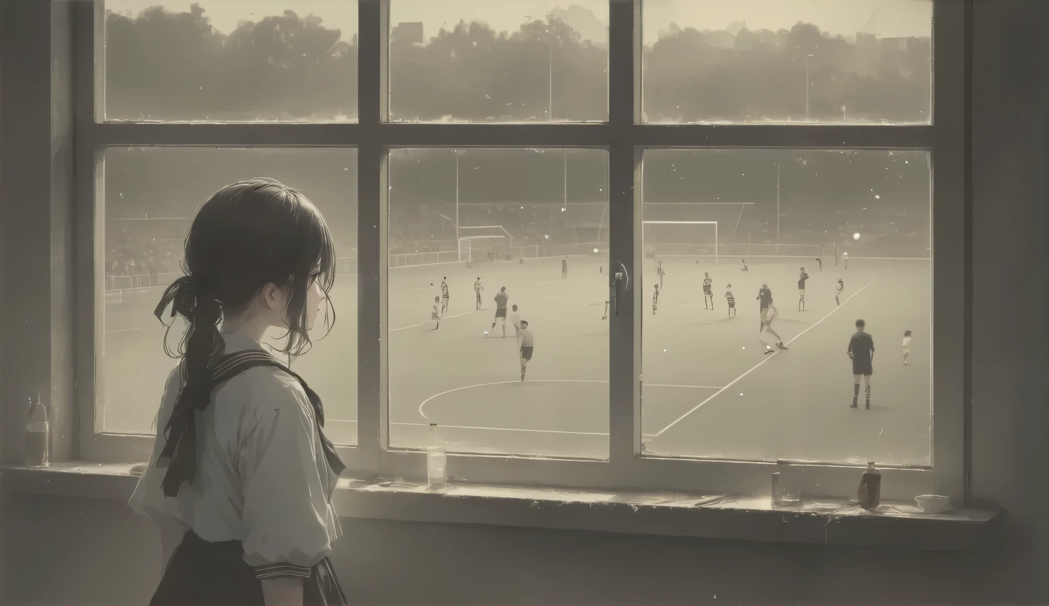 (Nostalgic expression in sepia tone, 8k, top quality, Masterpiece , Final Fantasy Style, in style of Anna Razumovskaya, :1.5),Atmospheric perspective, 8K, Very detailed, Accurate, Highest quality, masterpiece, Very detailed,, delicate and dynamic, Small faint lights, ,Nostalgic expression in sepia, A high school girl is holding a love letter in an envelope with a heart sticker pasted on it, looking out at the playing field from her classroom window on the third floor, and looking at the senior male student she admires playing soccer on the playing field.