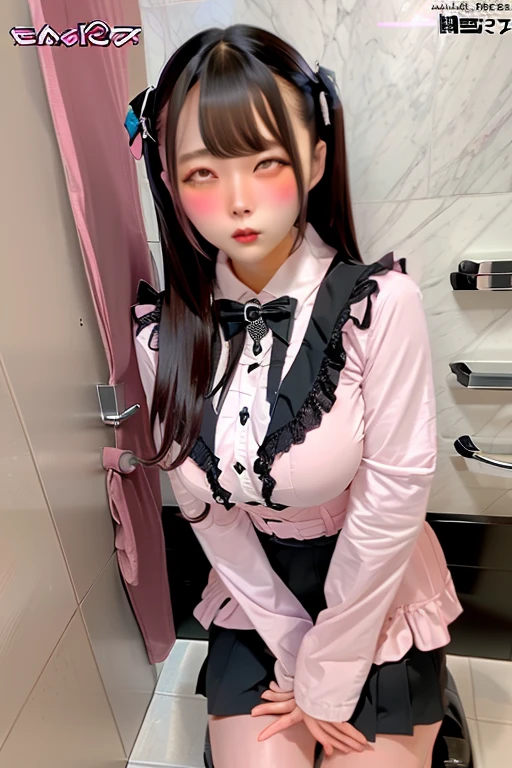 a closeup, ​masterpiece, top-quality, FULL ANATOMY、Raw foto, Photorealsitic、(Cute little face:1.3)、(Very cute smile:1.7)、(with round face:1.9)、(She has a cute face like an idol、double tooth:1.3), A dark-haired、(Tokusatsu Pink、Pink Ranger:1.6), depth of fields, hight resolution, ultra-detailliert, finely detail, ighly detailed, extremely detailed eye and face, Realistic pupils, foco nítido, Cinematic lighting、19-year-old woman、(One lady、独奏)、 poneyTail、Curly hair、Very detailed 8k wallpaper、Plaid pleated skirt、Show me your whole body、(Plump panties:1.3)、Cute panties in light colors、White Sox、(Panties are visible from the skirt、Lift the hem of the skirt with both hands、Showing her panties to the camera）、is standing、Angle from below、(Thigh close-up、cammel toe:1.3)、(Nice figure、big breasts thin waist、Kubire、Clothes with emphasized chest bulge:1.3)、depth of fields、Bokeh in the background