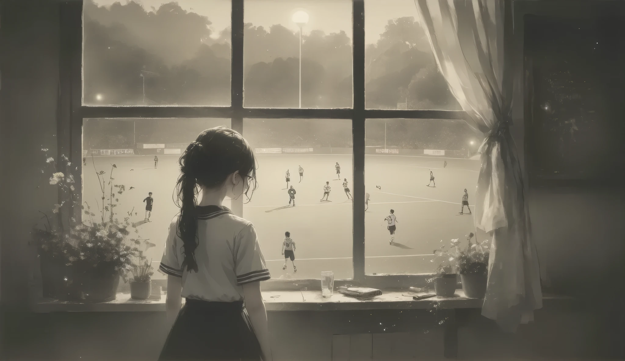 (Nostalgic expression in sepia tone, 8k, top quality, Masterpiece , Final Fantasy Style, in style of Anna Razumovskaya, :1.5),Atmospheric perspective, 8K, Very detailed, Accurate, Highest quality, masterpiece, Very detailed,, delicate and dynamic, Small faint lights, ,Nostalgic expression in sepia, A high school girl is holding a love letter in an envelope with a heart sticker pasted on it, looking out at the playing field from her classroom window on the third floor, and looking at the senior male student she admires playing soccer on the playing field.