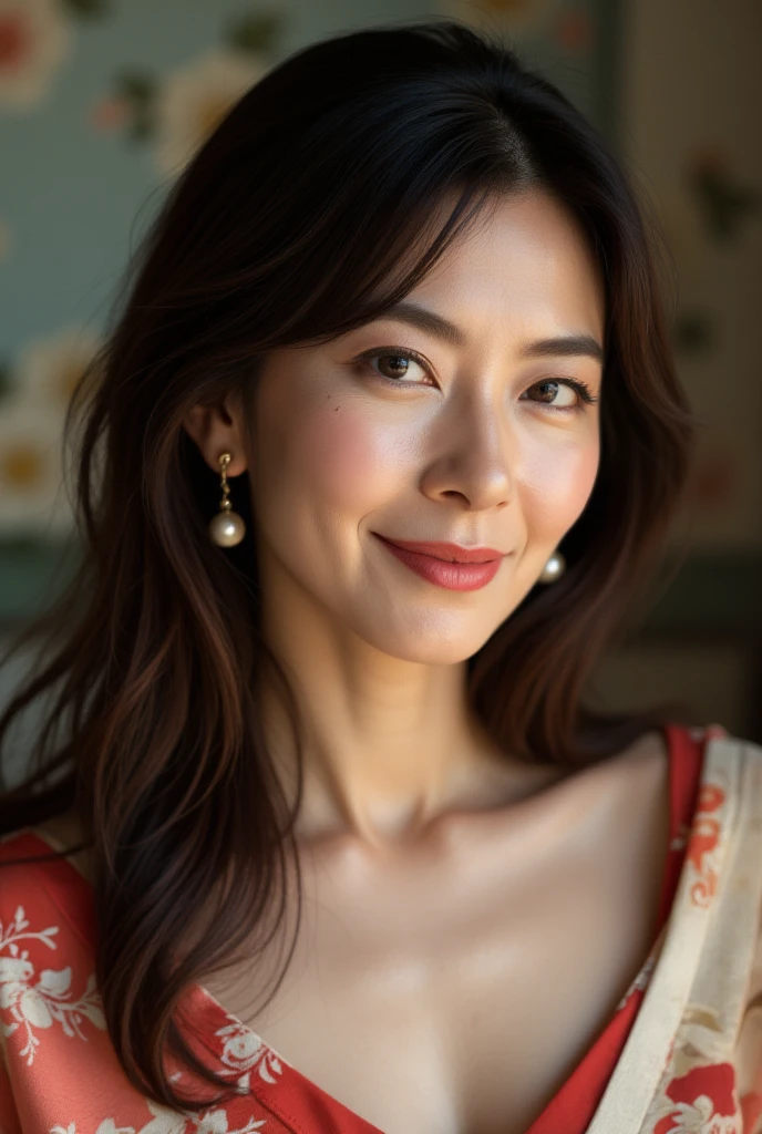 Mature Woman, ( detailed description of hair ), (Detailed description of the face), (Detailed description of the body), high definition , masterpiece,  top quality,  high detail, formal: 1.4), ( realistic : 1.2, 超 realistic な: 1.1,  realistic: 1.37), ( Sharp Focus : 1.4),  is written by,  physical based rendering,  wavy hair , ,  unrivaled beauty , (Ultimate beauty), (lipstick:1.1), ( eyeliner :1.2), ( mascara), ( Eye Shadow ), (48 years old,: 1.4), Japanese、 close-up 、 fine lines of laughter :1.2、seductive smile,( kimono:1.5),beautiful background