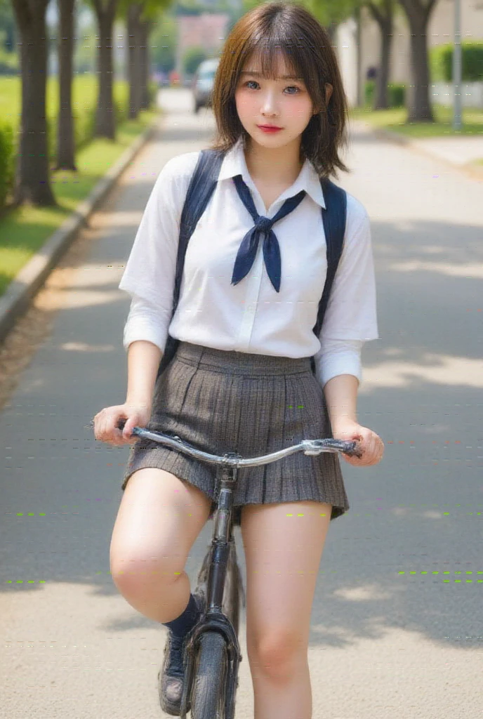 Masterpiece, 8k, Photorealistic, Wallpaper, top-quality, Beautiful Japanese High school girl, Photorealistic, (Plump breast:1.3), Dynamic angle, 
school uniform, Check pattern pleated mini skirt, Dark blue socks, Coin-Lofer, Straddling a bicycle, legs spread apart, toes of loafers landing on the ground, White blouse, dark blue Butterfly styled ribbon scarf at collar, plaid pleated miniskirt, carrying backpack , (From below1.3), morning, Ponytail, Sunshine, Closeup,