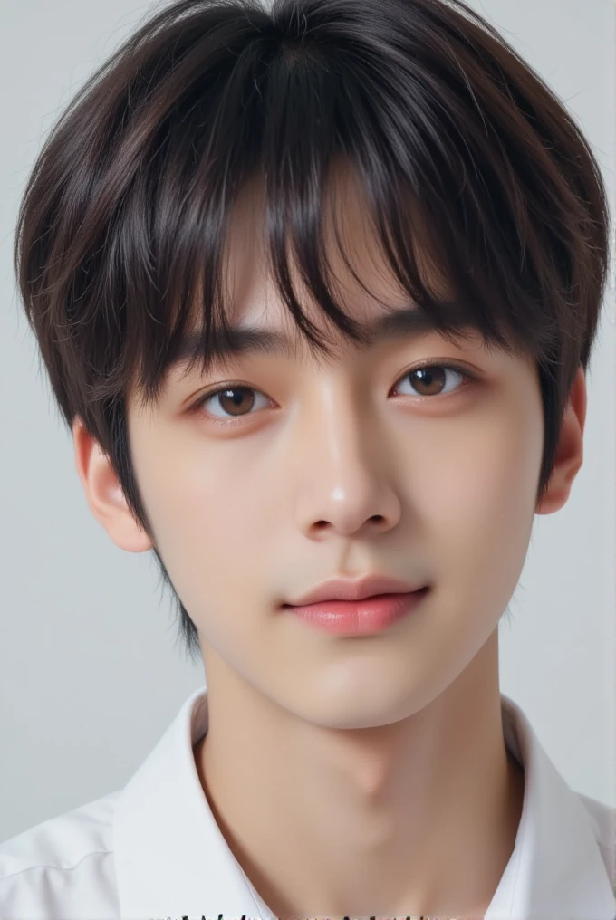  handsome mix korean japanese eleven year old boy, short black hair, black detailed eyes, gentle smile, sharp eyebrows, round face, cool, detailed face, small nose