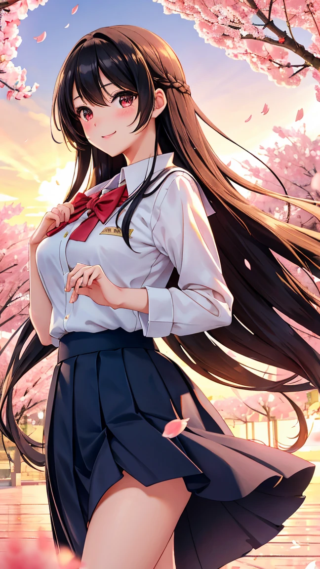 (masterpiece:1.3, best quality:1.3, ultra detailed:1.2, professional lighting:1.2, high resolution:1.2, sharp focus:1.2, 8k wallpaper:1.1, realistic details:1.1)
(beautiful young girl:1.3, school uniform:1.2, adolescent:1.2, gentle smile:1.2)
BREAK (long flowing hair:1.2, black hair:1.2, hair flowing in wind:1.1)
(soft blushing cheeks:1.2, dreamy eyes:1.2, nostalgic expression:1.2, tender gaze:1.1)
(sunset school yard:1.2, cherry blossoms:1.2, spring atmosphere:1.1)
(warm evening light:1.2, soft sunbeams:1.1, golden hour:1.1)
(sakura petals in wind:1.2, romantic mood:1.2, nostalgic atmosphere:1.1)
(standing pose:1.2, looking into distance:1.1, hand close to heart:1.1)