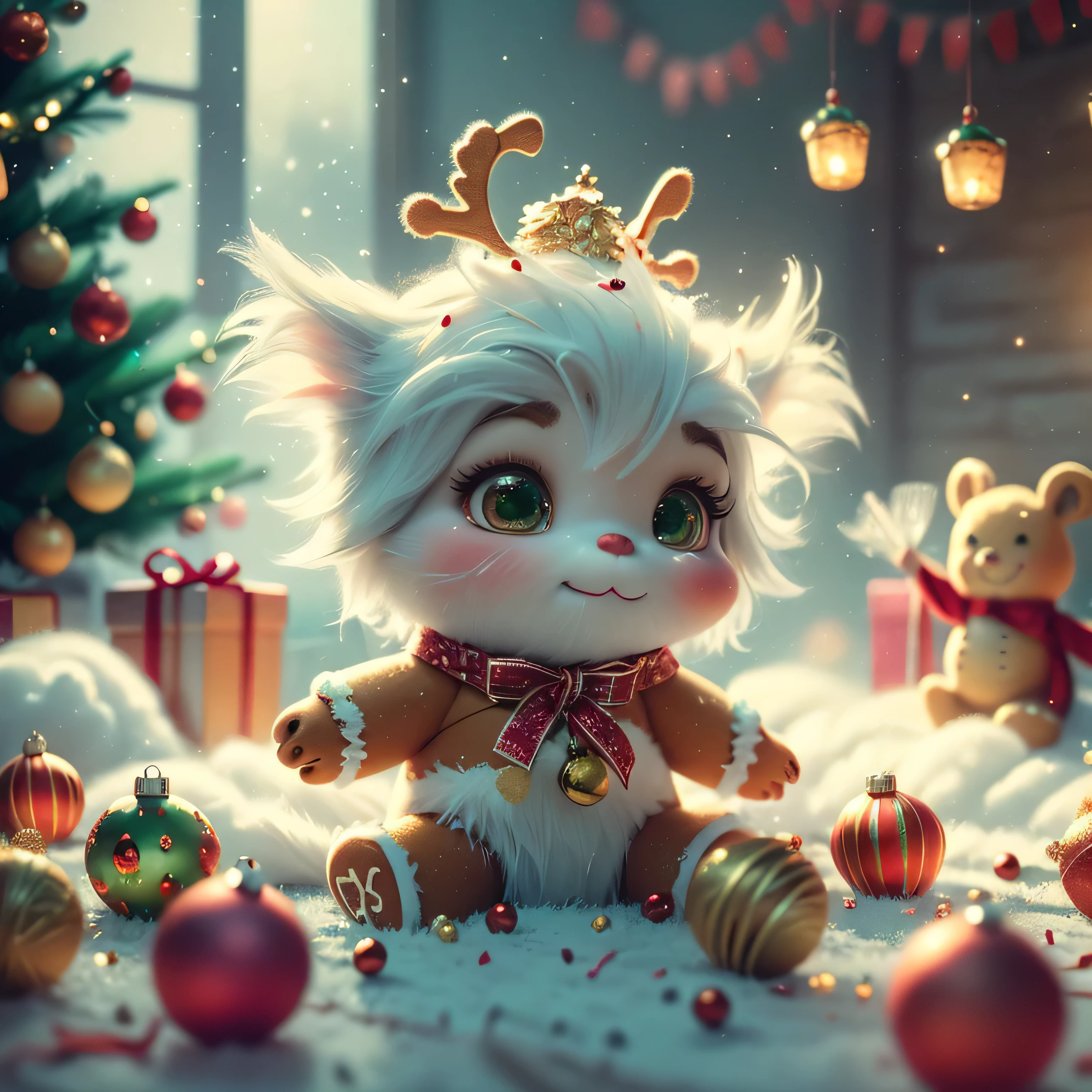 A beautiful, adorable gingerbread man made entirely of soft, light cinnamon clouds, peacefully nestled in a bed of fluffy clouds. The gingerbread man has a gentle, serene expression on his face in his sleep, with his soft, dream-like appearance. The surrounding clouds are colored in pastel shades of gold and emerald, creating a warm and dreamy atmosphere. The entire scene is bathed in a soft, ethereal light, enhancing the magical and fantastical quality of the image. The gingerbread man is intended to appear as a seamless part of the cloudscape, blending perfectly with the surrounding clouds, yet maintaining distinct, realistic features that enhance his cuteness and charm. Hyperrealistic, splatter art, conceptual art, medium ground, intricate detail, depth of color, vibrant colors, dramatic, tilted 2/3 angle, side light, colorful background. Christmas lights in the background and a Christmas tree. Christmas theme, blurred background, fantasy, Gouves style artwork, realism: 1.37, (super fine fantasy art), masterpiece, high quality design & accurate physics (super accurate fantasy style)) art, dark fantasy style)), super accurate design & accurate physics), color, depth of field, shadows, ray tracing, (accurate simulation of the interaction of light and materials)], intricate Christmas decorations, glowing garlands, sparkling decorations, natural light, soft background, photorealistic, sparkling eyes, sharp focus, glowing skin, cute and naughty look, hint of mischief, dreamy atmosphere, super glossy effect, fine details, soft ambient light, (Backlight: 1.3), (Cinematic: 1.2), intricate details, (ArtStation: 1.3)