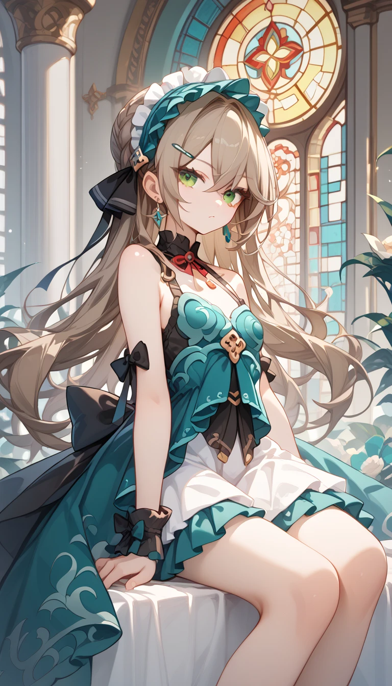 small breasts, brown hair, green eyes,  long hair on background, hairpin, qingque,　Alone,  eyebrow visible from inside hair ,  hair between eyes　 top quality, very aesthetic, bare shoulders　gothic lolita　detachable sleeve　 Headdress　Frills　ribbon　Earrings　palace　 stained glass