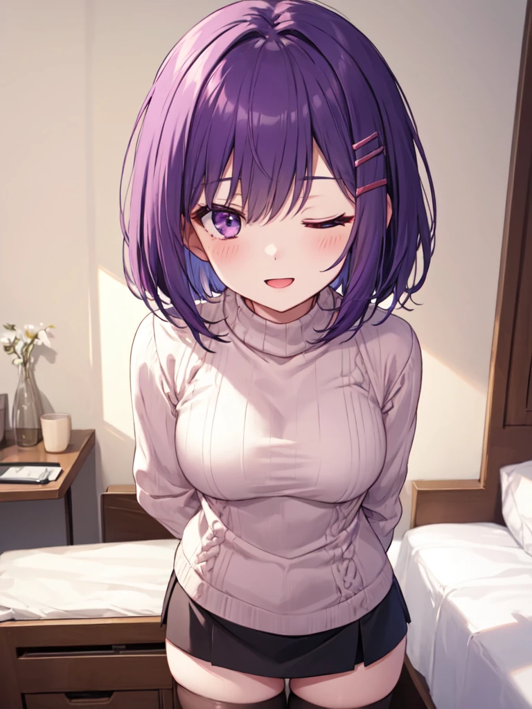 a short sexy woman wearing purple t shirt and black tracks, pinned against the wall, eyes closed, lips parted, blushing intensely, ready to kiss