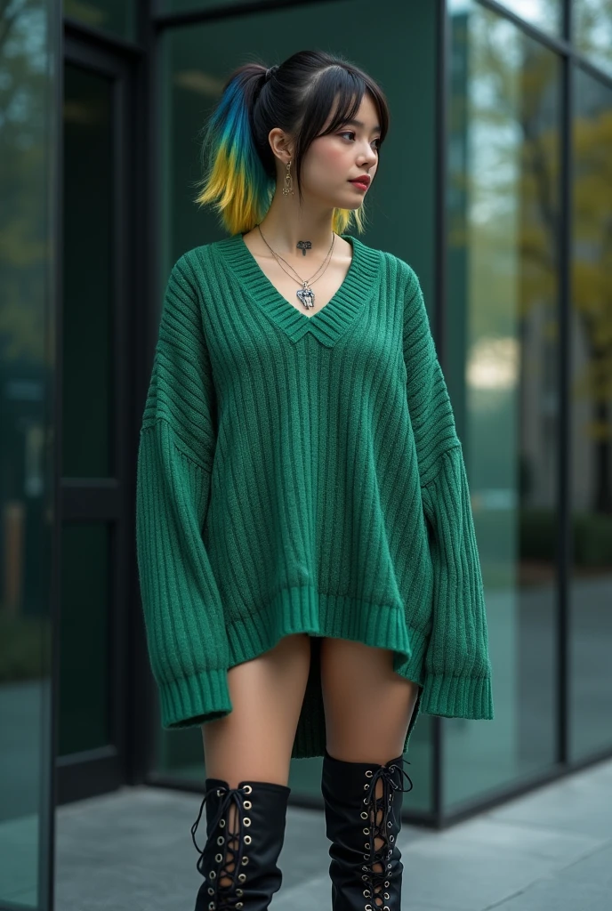 (1girl:1.3), solo,_Kim Ji-ni Jennie face, wearing green sweater, cropped style, light green shorts,, sexy, cute, white socks, background campus, full body photo, looking at the audience, world-weary face, indifferent eyes, Korean style photo photos, photographic lighting, strong contrast, sunlight on the face,