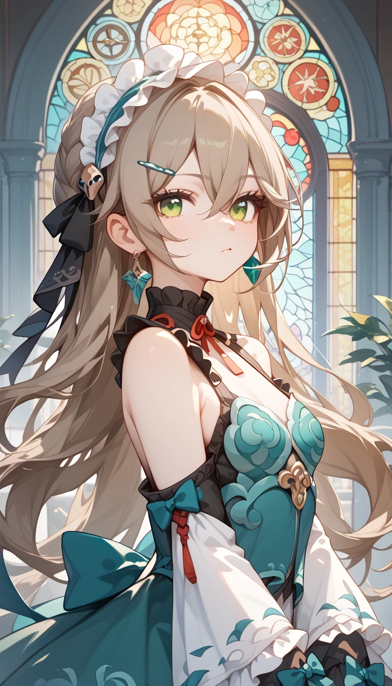 small breasts, brown hair, green eyes,  long hair on background, hairpin, qingque,　Alone,  eyebrow visible from inside hair ,  hair between eyes　 top quality, very aesthetic, bare shoulders　gothic lolita　detachable sleeve　 Headdress　Frills　ribbon　Earrings　palace　 stained glass