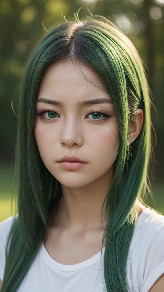 full body shot. a girl. european. extremely detailed face. oval face. delicate features. deep sadness. half-closed eyes. green eyes. long, straight, very thick hair. green hair. tank top. big breasts. bare stomach. leather skirt. gentle expression. elegant pose. frontal. outdoors