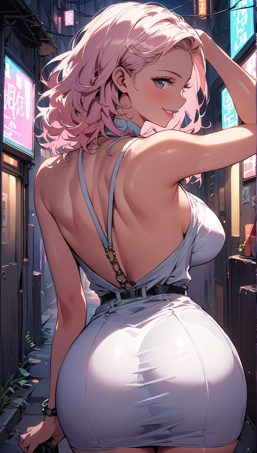 (top-quality,High resolution,(Ultra high definition,4K), (超A high resolution,in 8K),masutepiece:1.2), (Perfect Anatomy,Anatomically accurate), (Angle from below), (Soft lighting, rendered), ((very beautiful goddess mother and daughter)), ((detailed goddess)), (((evening gown))), ((Beautiful view from the lounge of a luxury hotel)), (shoulder to shoulder, Goddess mother and daughter standing), (from the rear, Look back:1.2), (fascinated expression), (extremely detailed and beautiful face), (Crisp double eyelids), (Large breasts:1.3), (Soft skin), (Photorealistic), (shinny skin), (pinkhair), (Pixie Cut)