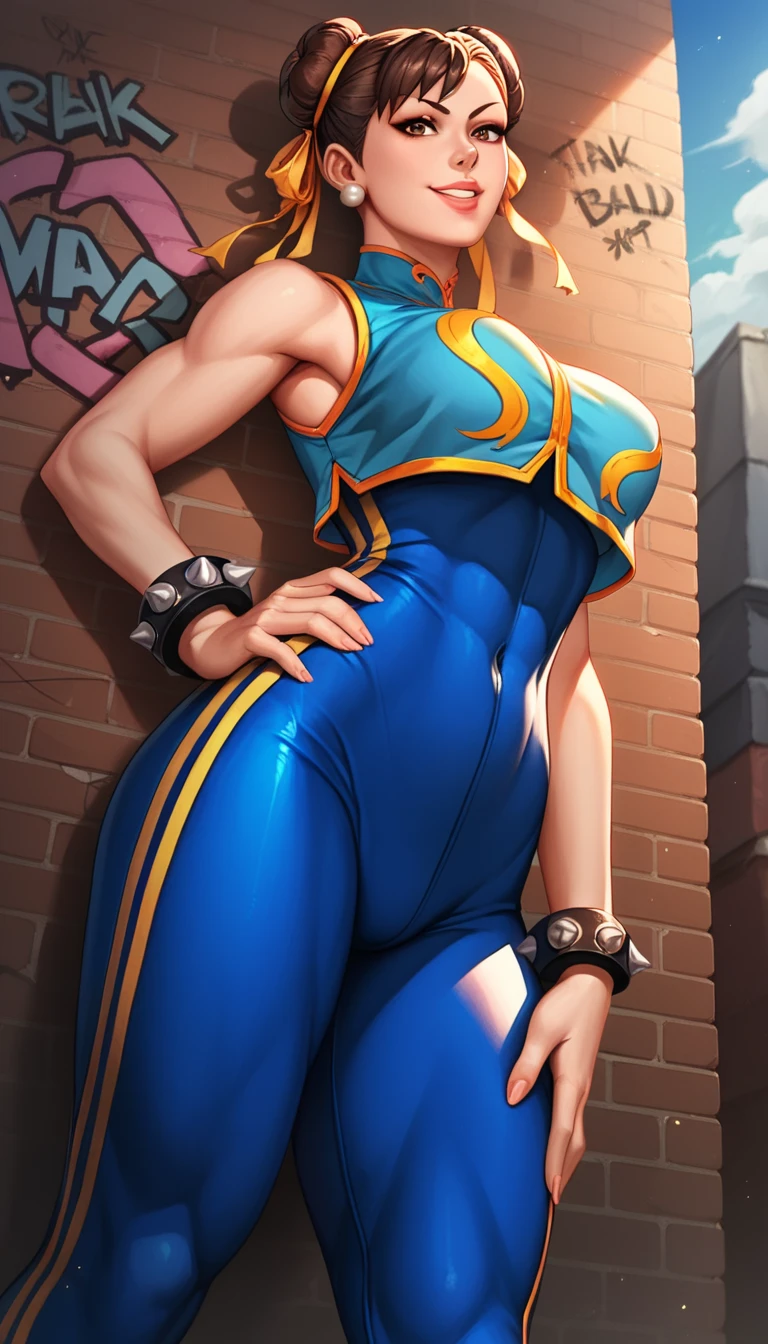 score_9, score_8_up, score_7_up, score_6_up, source_cartoon, BREAK masterpiece. CHUNLIAL, brown eyes, double bun, yellow ribbon, blue bodysuit, crop top, sleeveless, breasts, hand on own hip, looking at viewer, smile, parted lips,below view, smile, parted lips, alleyway, concrete wall, graffiti,