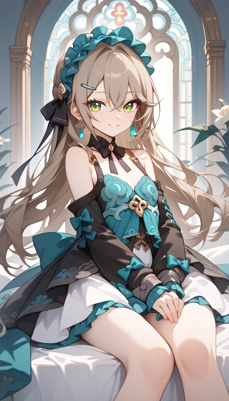 small breasts, brown hair, green eyes,  long hair on background, hairpin, qingque,　Alone,  eyebrow visible from inside hair ,  hair between eyes　 top quality, very aesthetic, bare shoulders　gothic lolita　detachable sleeve　 Headdress　Frills　ribbon　Earrings　palace　 stained glass　smile