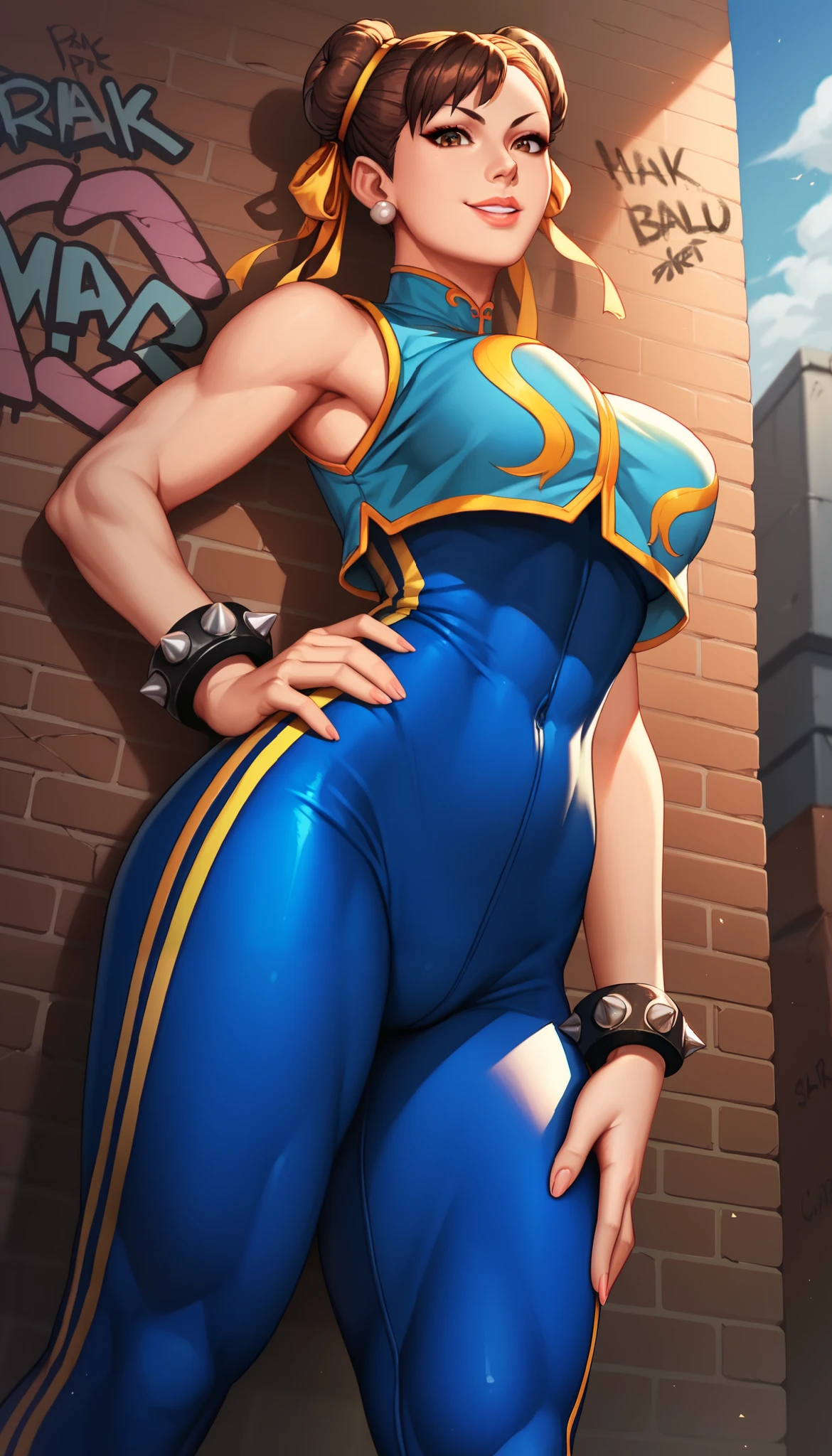 score_9, score_8_up, score_7_up, score_6_up, source_cartoon, BREAK masterpiece. CHUNLIAL, brown eyes, double bun, yellow ribbon, blue bodysuit, crop top, sleeveless, breasts, hand on own hip, looking at viewer, smile, parted lips,below view, smile, parted lips, alleyway, concrete wall, graffiti,