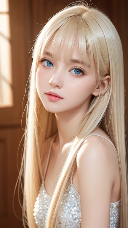  portrait、very white high school girl、Young, white, shiny skin 、Best Looks、Blonde Reflected Light 、 Platinum Blonde Hair with Dazzling Highlights 、 shiny bright hair 、super long silky super long straight hair、Shiny, beautiful bangs、Shining crystal clear and attractive large bright, very bright skylight blue eyes、A lovely young, cute, innocent  girl with a very beautiful innocent appearance 、 raise one arm、Full-bodied Esbian、 beautiful breasts、Small Face Beauty、round face、 bangs over eyes 、Bangs between the eyes、 cheek gloss highlights