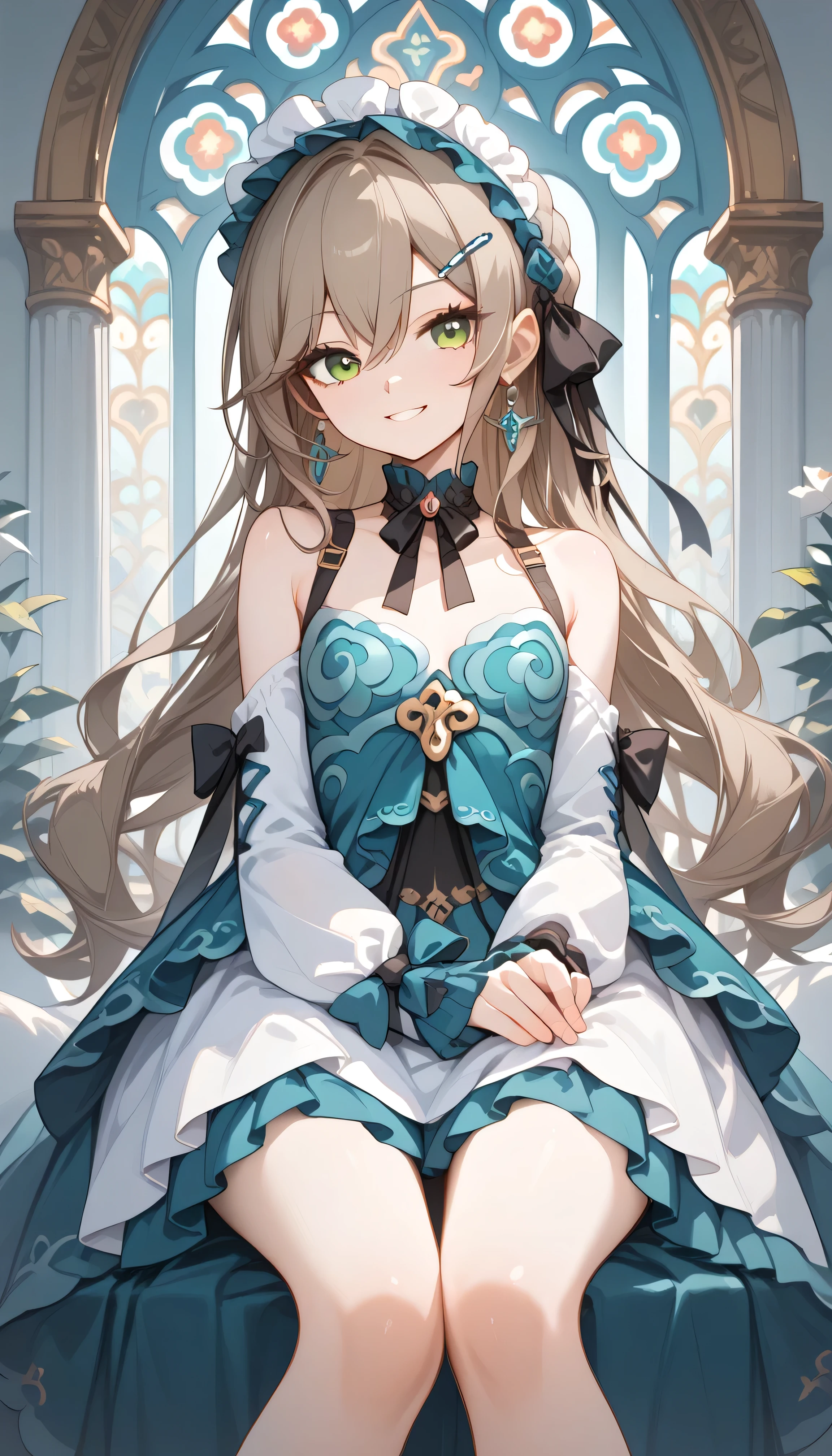 small breasts, brown hair, green eyes,  long hair on background, hairpin, qingque,　Alone,  eyebrow visible from inside hair ,  hair between eyes　 top quality, very aesthetic, bare shoulders　gothic lolita　detachable sleeve　 Headdress　Frills　ribbon　Earrings　palace　 stained glass　smile