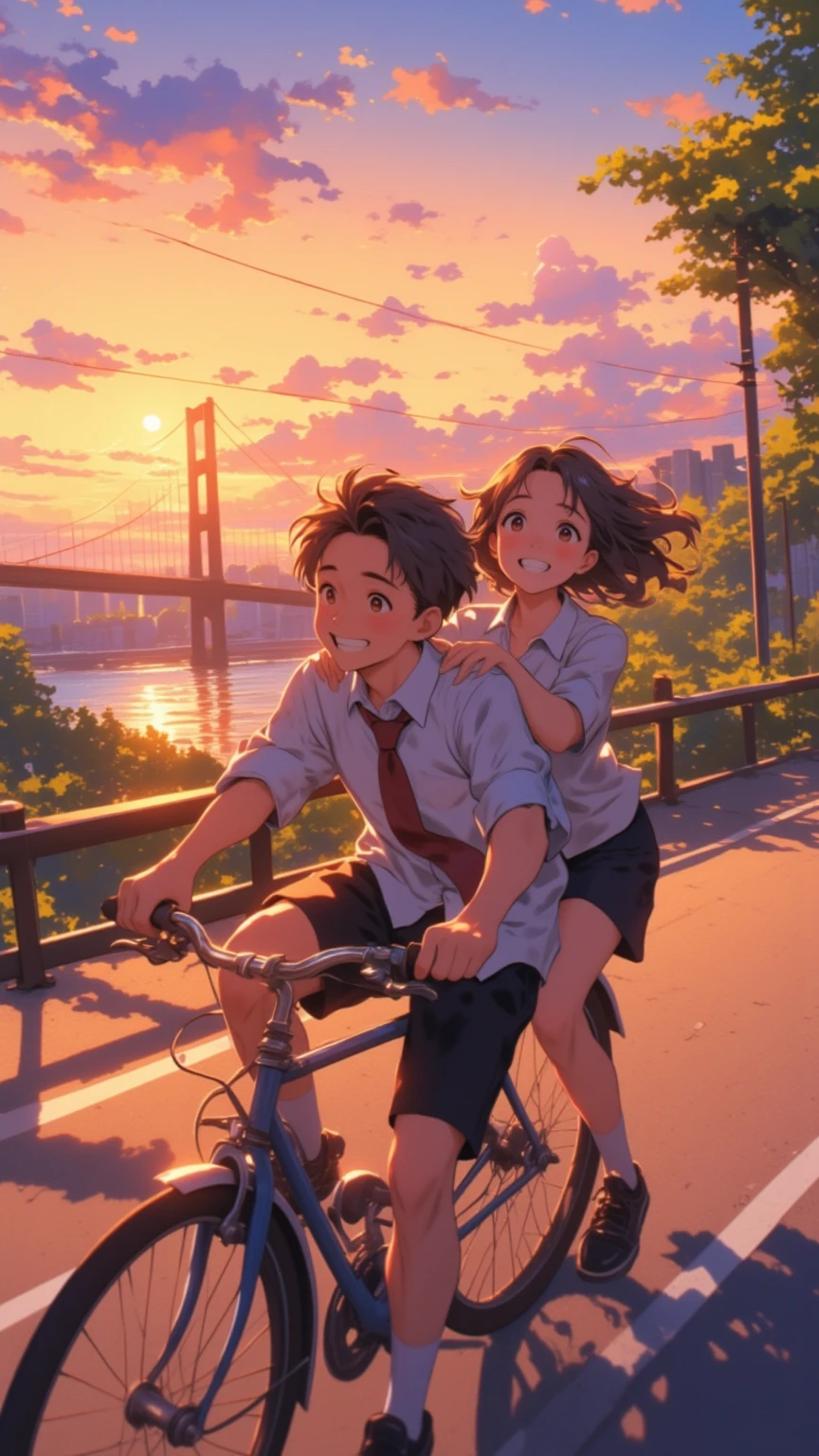 (Masterpiece, High Quality, High Definition, 4K, 8k, Detail, Animation Style) A vibrant and heartwarming scene of two high school students riding bicycles at sunset in summer. A boy in a uniform with his sleeves rolled up is cheerfully pedaling his bicycle. The girl sitting shyly on the rack behind him is holding onto the boy's stomach with her hands around his stomach, her hair blowing in the wind as she smiles warmly at him. The road they are riding on is a river bank road in the city, the sky glowing orange and pink with the setting sun. Soft shadows and highlights enhance the young, romantic atmosphere. High-definition cartoon-style illustrations with a nostalgic, warm feel.