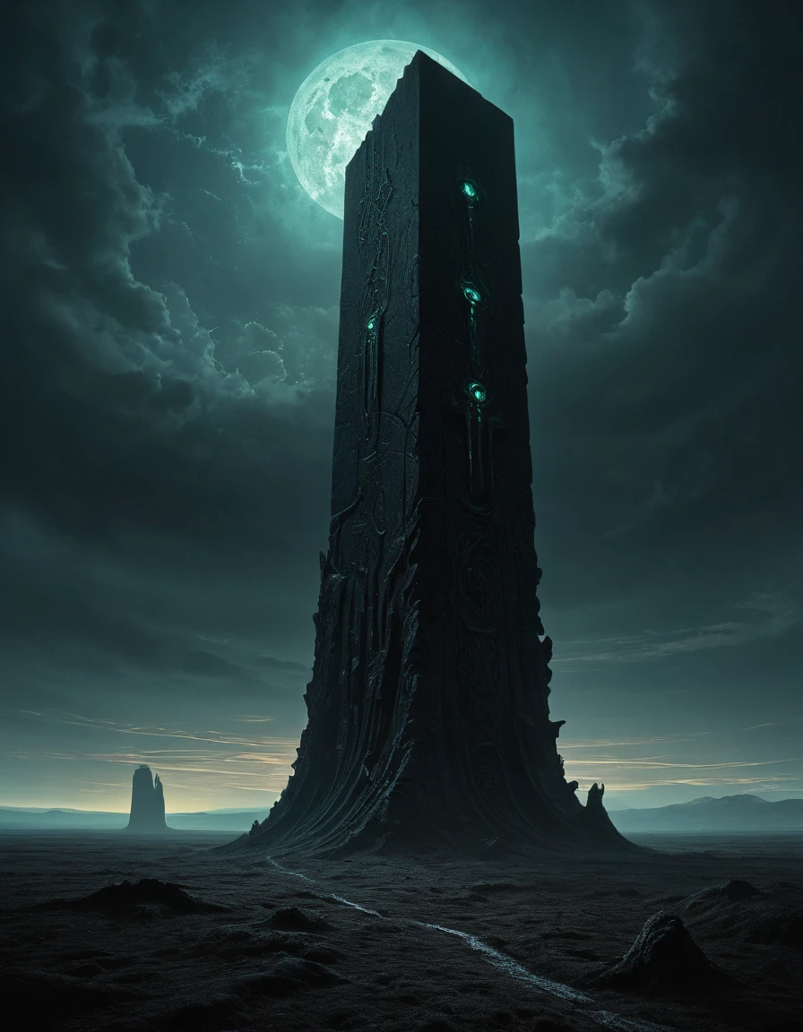 A striking dark surrealism artwork, reminiscent of Zdzisław Beksiński's unique style. The main focus is a towering, black monolith standing tall in a barren, otherworldly landscape. The surrounding environment is characterized by twisted, skeletal structures that stretch towards the dark, stormy sky. The atmosphere is ominous, with an air of mystery and unease. Strange, luminescent creatures with glowing eyes can be seen lurking in the shadows, adding to the unsettling atmosphere. The monolith itself is adorned with cryptic, glowing symbols that emit a haunting light, as if holding secrets from an unknown world.