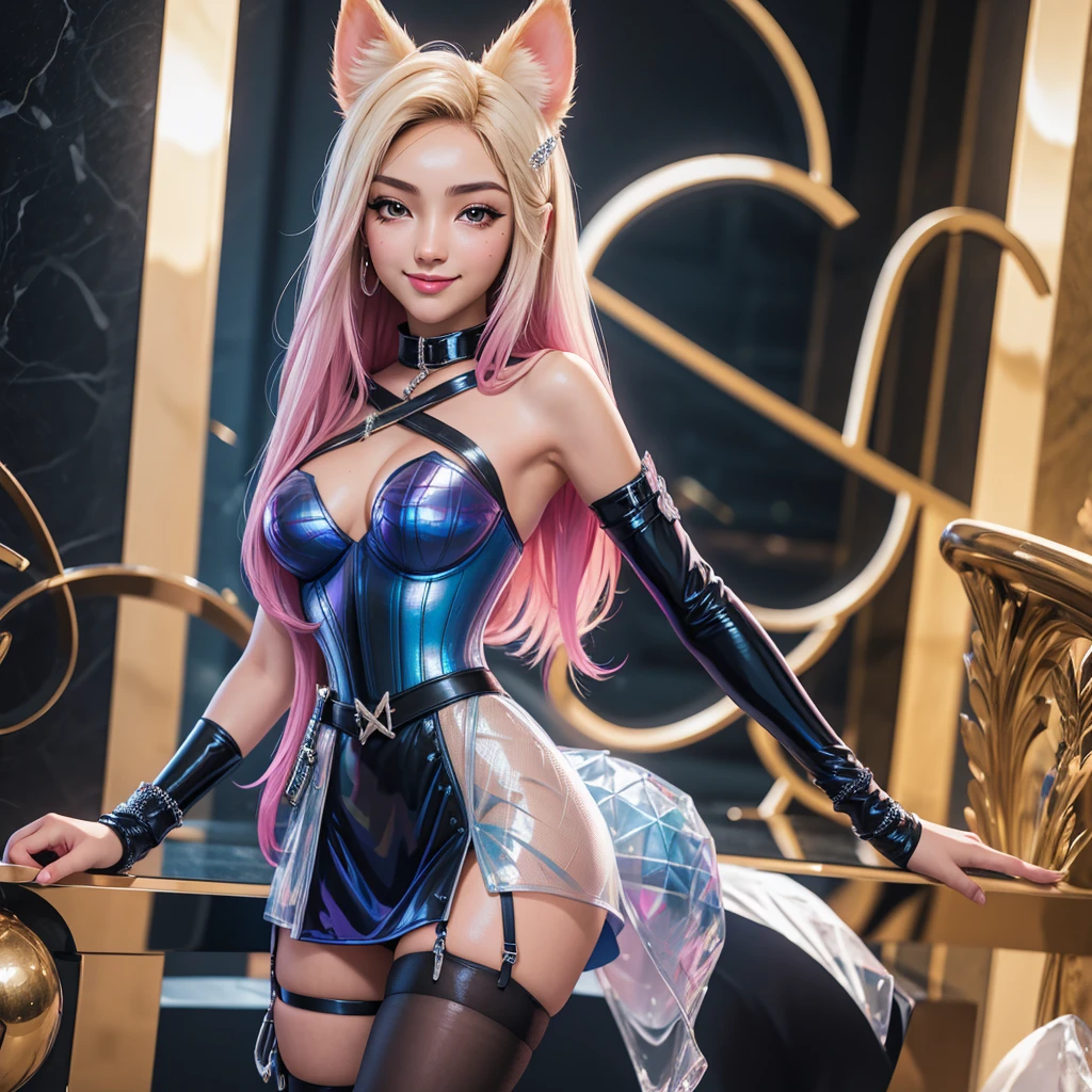 2 women Ahri KDA, perfect breast, beautiful, sexy, slim, cute, highly detailed, deep focused image, realistic full-lenght photo, corset, skirt, mesh, smile, pantyhose up to waist 