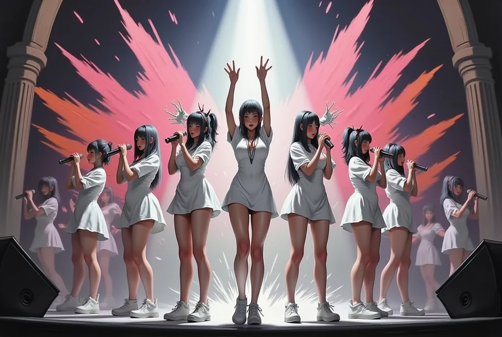 several girls in white outfits are Performing on stage with microphones, Shukei Sesson , Tumbler, Neoism,  concert footage , Performing on stage, egirl, e - Girl,  monster, shikamimi,  Live Performance, 2000, And 2k , Live on stage, cl, Live 2D