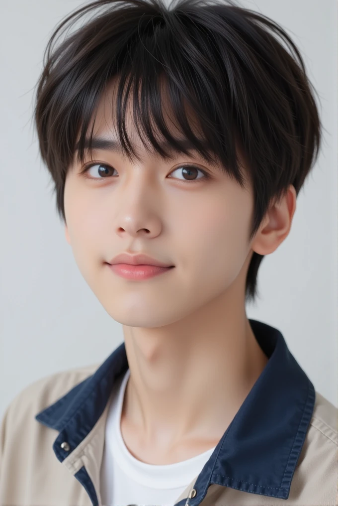  handsome mix korean japanese ten year old, , boy, short black hair, black detailed eyes, gentle smile, sharp eyebrows, round face, cool, detailed face, small nose