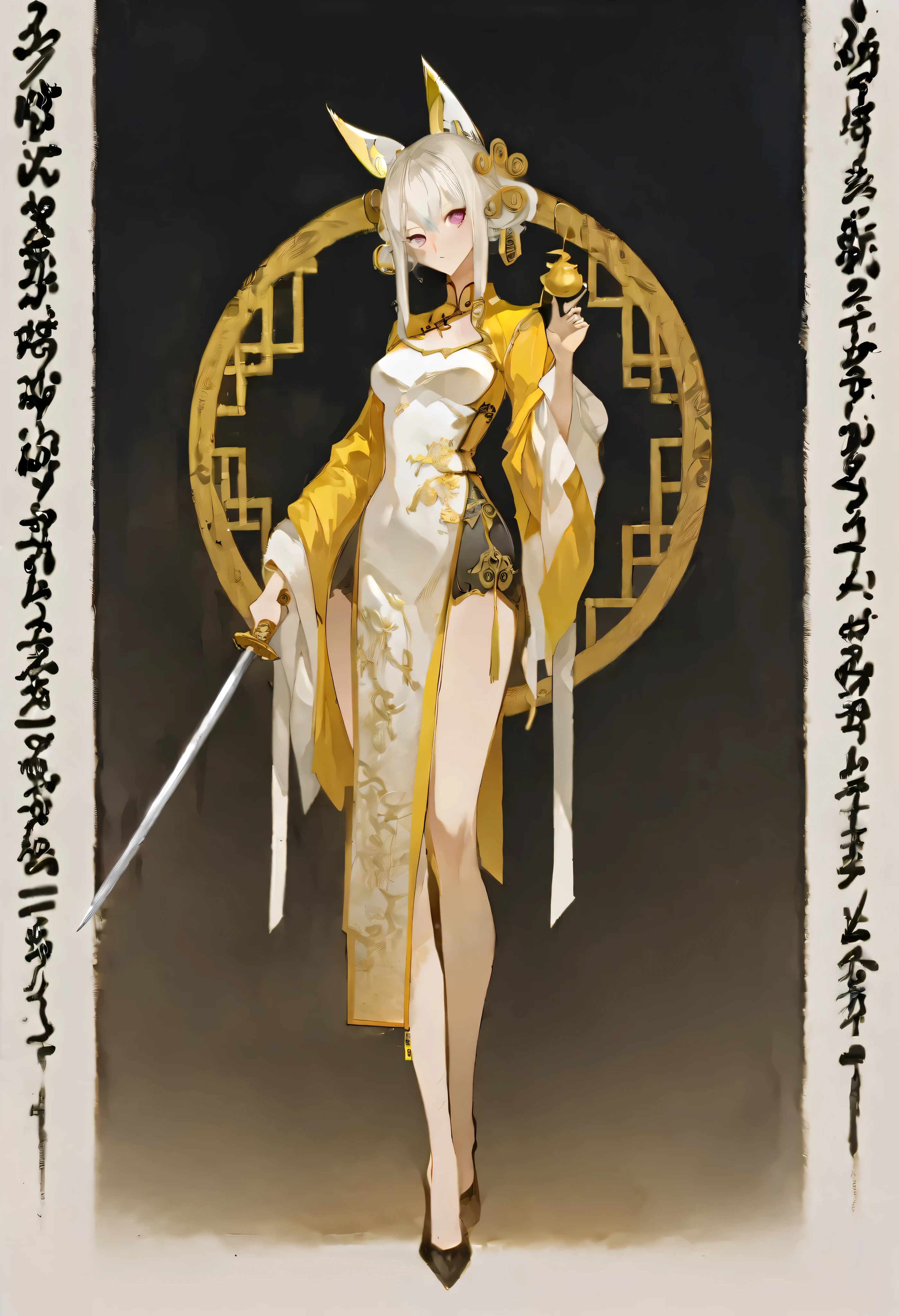 Dressed in traditional Chinese clothing、Anime characters holding swords, Cushart Krenz Style Key Art Feminization, Gu Weiss, Kushat Kents, artwork in the style of Gu Weiss, White-haired gods, Anime Goddess, Gu Weiss on pixiv artstation, Full body fairy,  Beautiful Figure Painting ,  she holds a sword , by Shitao