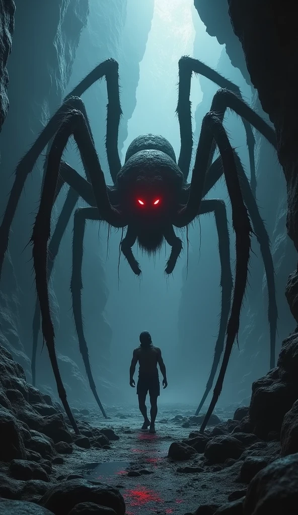"A scene inside a dark, cavernous room filled with spider webs. Two terrified people, one man and one woman, are standing in front of a giant spider with long legs and glowing red eyes. The spider looms menacingly over them, ready to attack. The environment is eerie, with the walls and ceiling covered in webs, giving a sense of impending danger. The atmosphere is tense and frightening, capturing the moment of confrontation between the humans and the monstrous spider."
